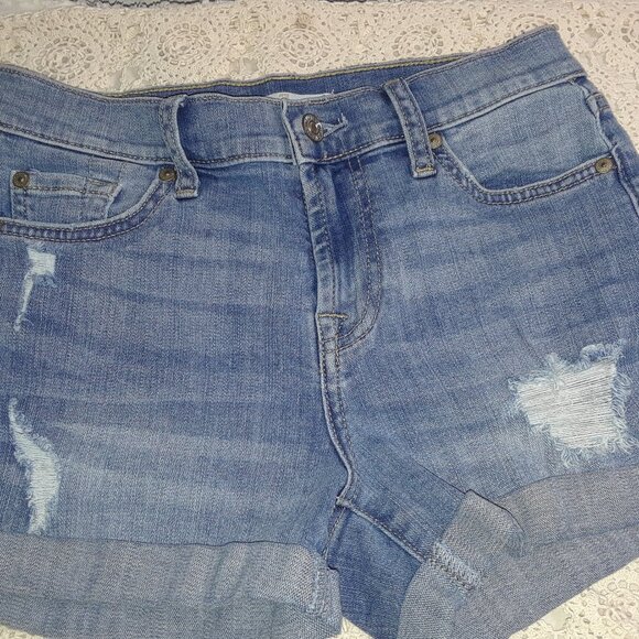 7 For All Mankind Mid Roll Short Light Blue Women's Distressed Jean Shorts - Picture 1 of 11